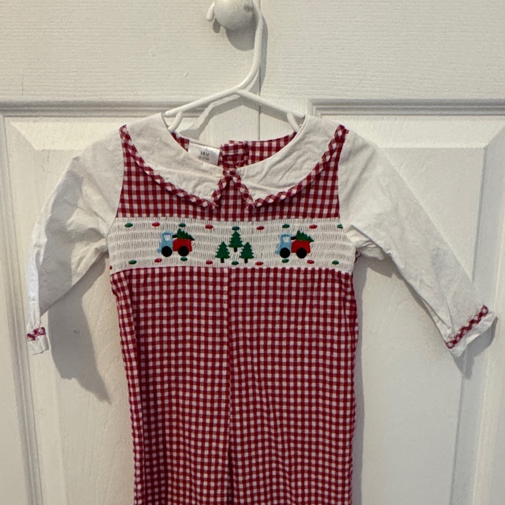 Red and White Gingham Smocked Christmas Longall